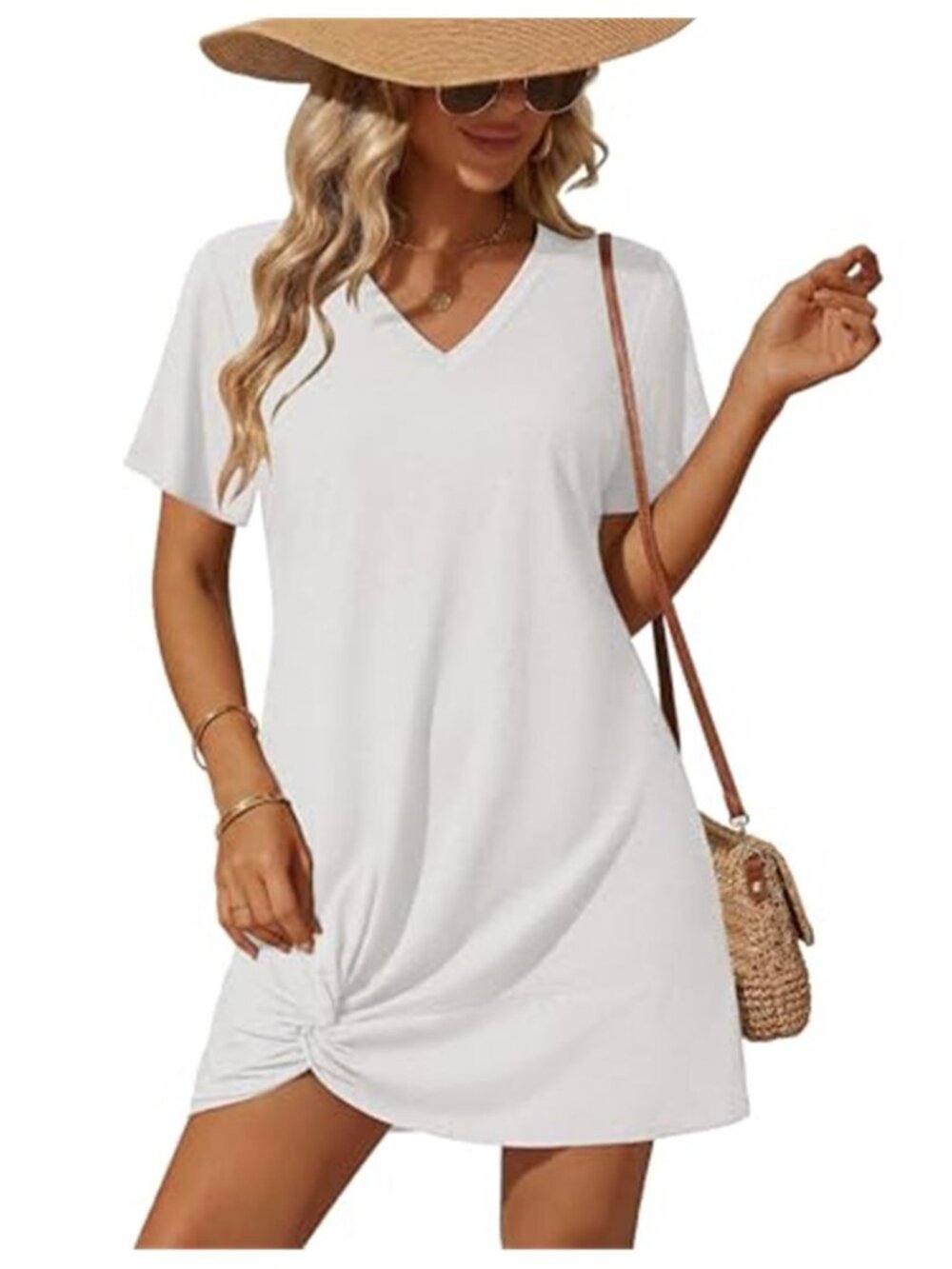Ekouaer White Twist Hem Swim Cover Up Short Sleeve V Neck Beach Dress